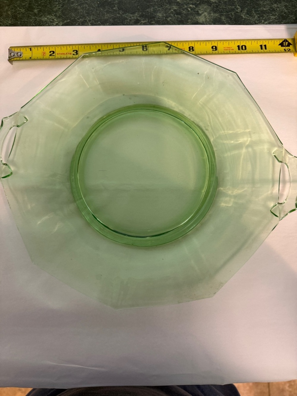 Old Vintage Green Depression Glass Octagon Platter Serving Plate Tray w Handles